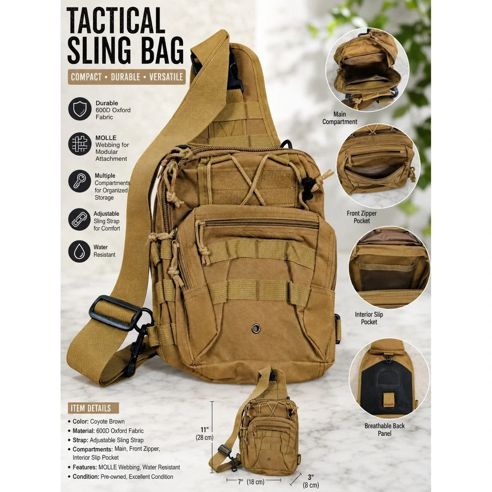 Khaki Tactical Sling Bag Canvas‎ MOLLE Shoulder Pack Crossbody Messenger Tan